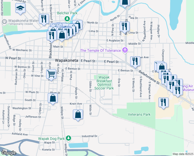 map of restaurants, bars, coffee shops, grocery stores, and more near 700 South Water Street in Wapakoneta