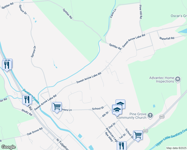 map of restaurants, bars, coffee shops, grocery stores, and more near 129 Sweet Arrow Lake Road in Pine Grove