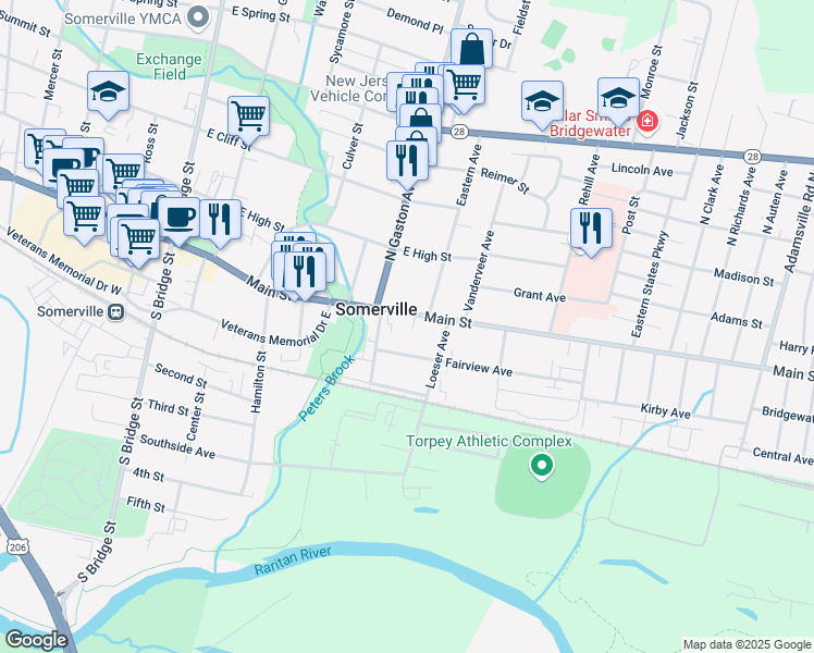 map of restaurants, bars, coffee shops, grocery stores, and more near 226 East Main Street in Somerville