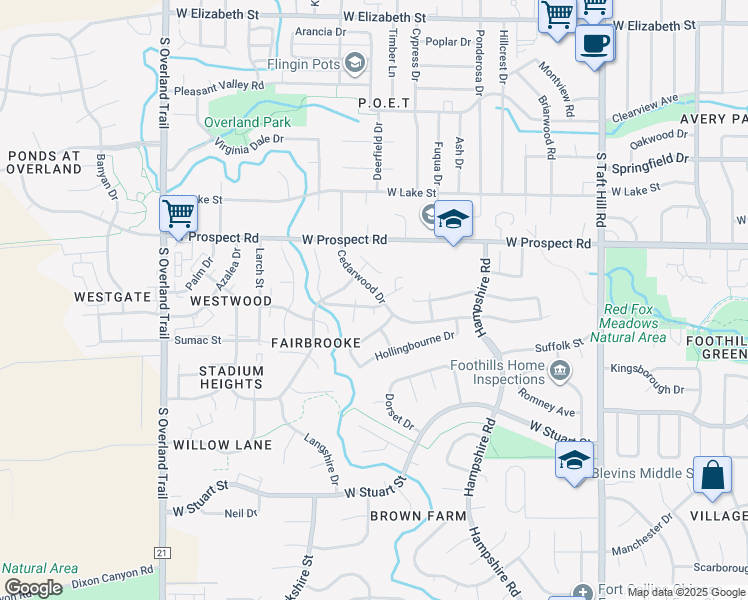 map of restaurants, bars, coffee shops, grocery stores, and more near 2608 Cedarwood Drive in Fort Collins