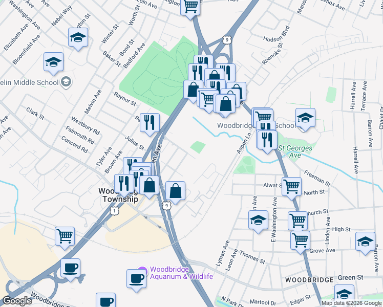 map of restaurants, bars, coffee shops, grocery stores, and more near 127 West Woodbridge Avenue in Woodbridge Township