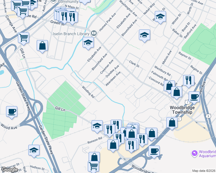 map of restaurants, bars, coffee shops, grocery stores, and more near 60 Aberdeen Avenue in Woodbridge Township