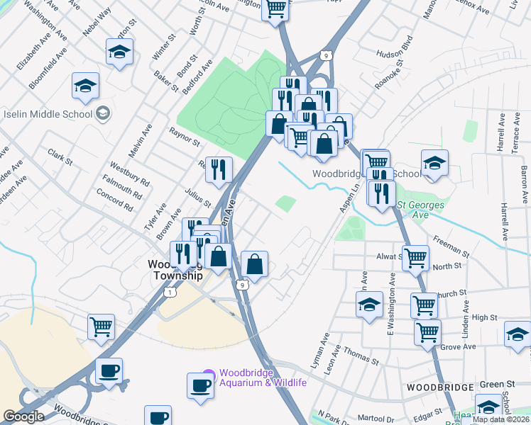 map of restaurants, bars, coffee shops, grocery stores, and more near 127 West Woodbridge Avenue in Woodbridge Township