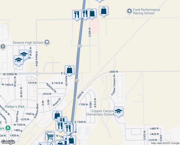 map of restaurants, bars, coffee shops, grocery stores, and more near 2046 North 400 East in Tooele