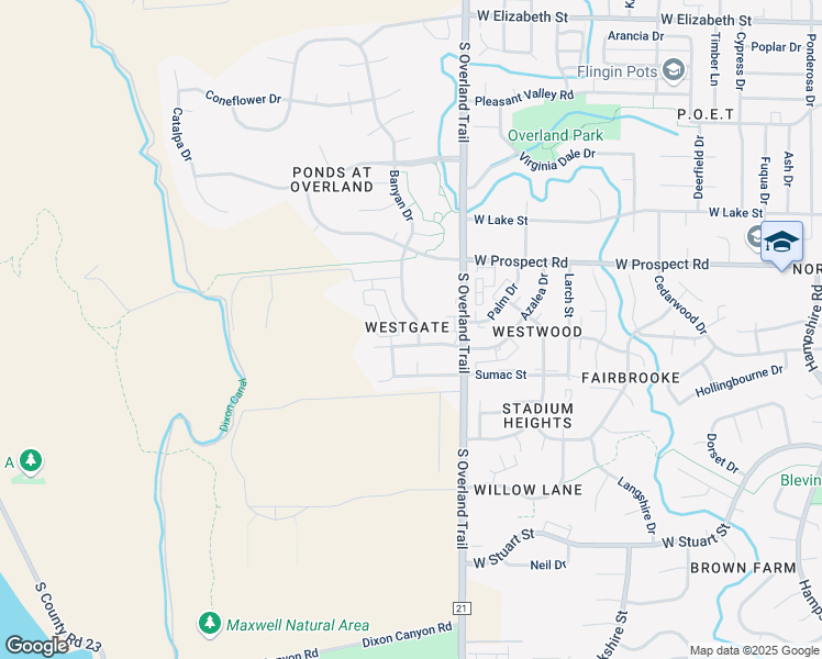 map of restaurants, bars, coffee shops, grocery stores, and more near 1713 Banyan Drive in Fort Collins
