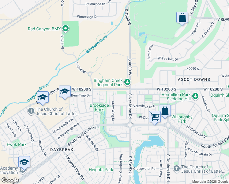 map of restaurants, bars, coffee shops, grocery stores, and more near 10213 Crow Wing Drive in South Jordan