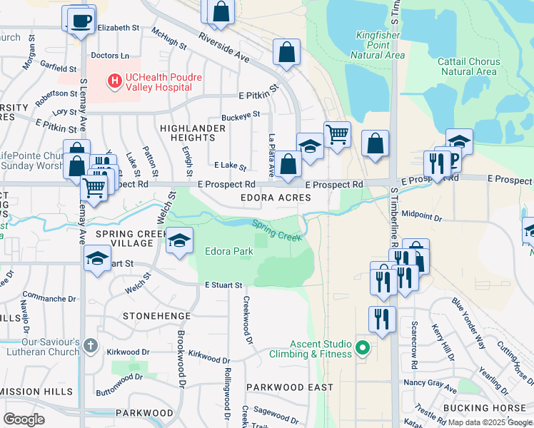 map of restaurants, bars, coffee shops, grocery stores, and more near 1700 Erin Court in Fort Collins