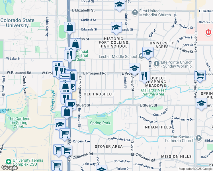 map of restaurants, bars, coffee shops, grocery stores, and more near 1613 Peterson Place in Fort Collins