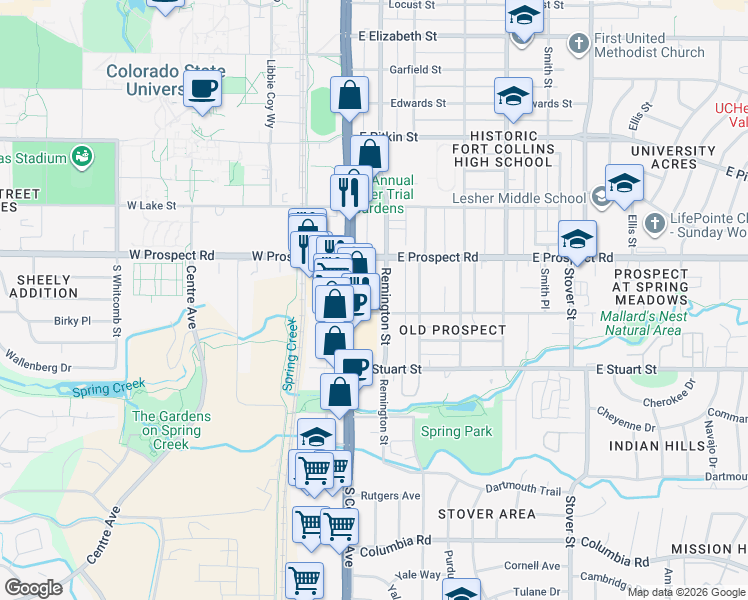 map of restaurants, bars, coffee shops, grocery stores, and more near 1630 South College Avenue in Fort Collins