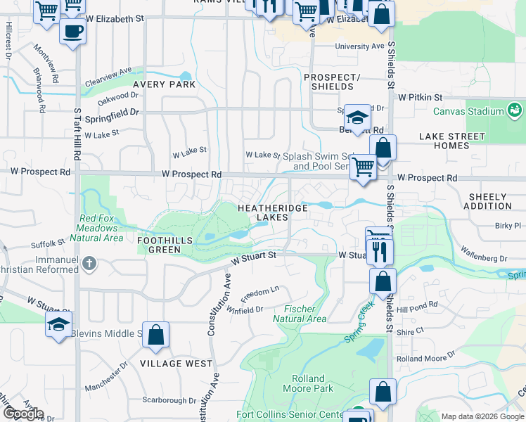 map of restaurants, bars, coffee shops, grocery stores, and more near in Fort Collins