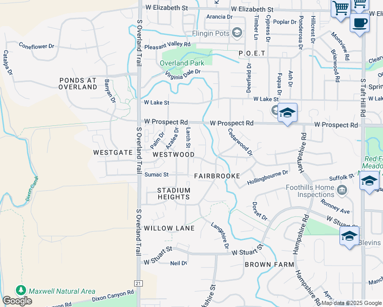 map of restaurants, bars, coffee shops, grocery stores, and more near 2727 Holly Place in Fort Collins