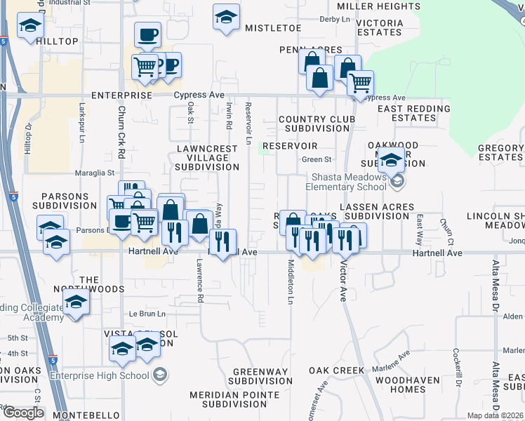 map of restaurants, bars, coffee shops, grocery stores, and more near 2837 Reservoir Lane in Redding