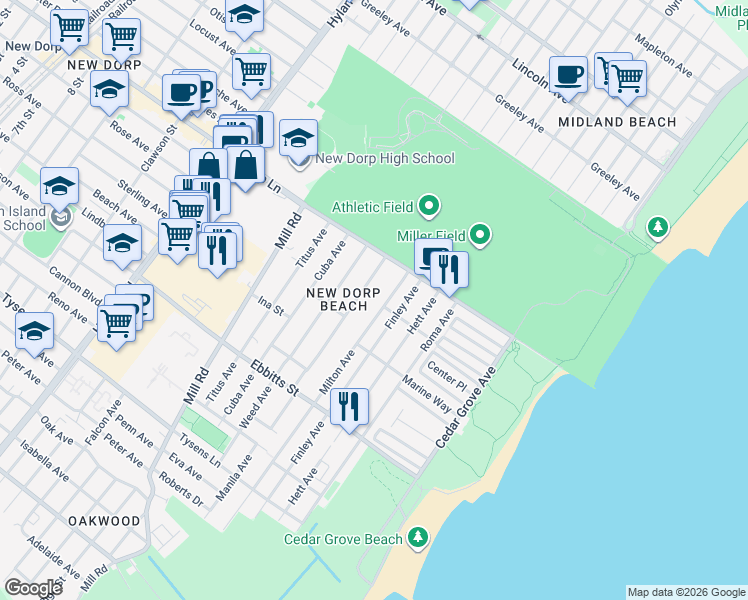 map of restaurants, bars, coffee shops, grocery stores, and more near 33 Milton Avenue in Staten Island