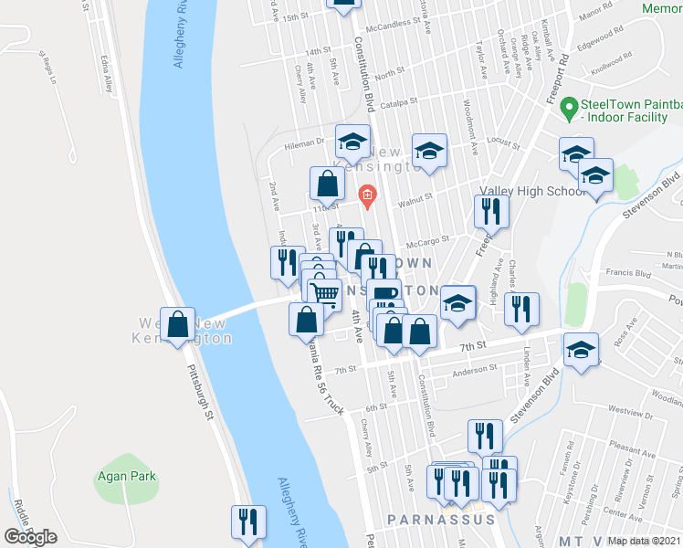 map of restaurants, bars, coffee shops, grocery stores, and more near 943 4th Avenue in New Kensington