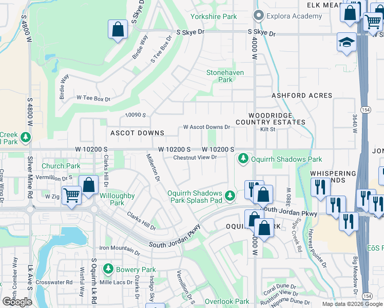 map of restaurants, bars, coffee shops, grocery stores, and more near 4222 Chestnut View Drive in South Jordan