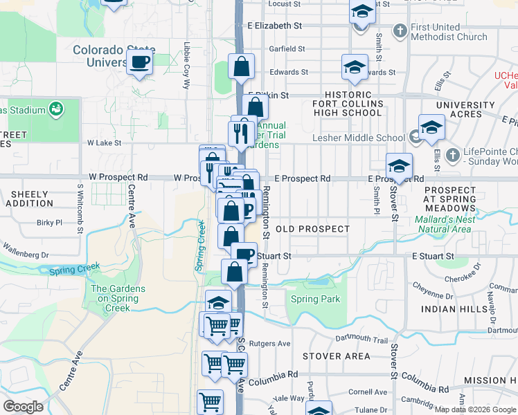 map of restaurants, bars, coffee shops, grocery stores, and more near 1630 South College Avenue in Fort Collins