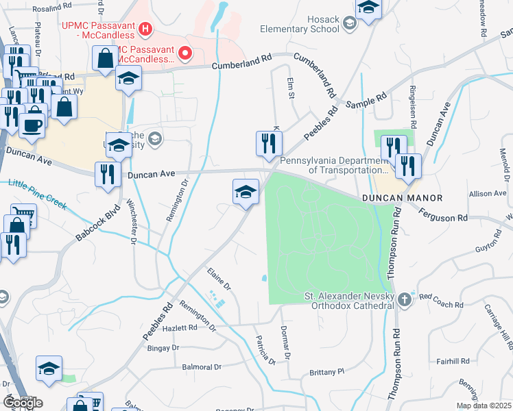 map of restaurants, bars, coffee shops, grocery stores, and more near 8670 Peebles Road in Pittsburgh