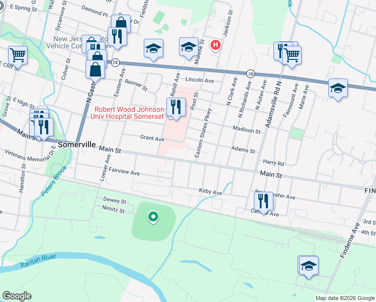 map of restaurants, bars, coffee shops, grocery stores, and more near 25 Eastern States Parkway in Somerville