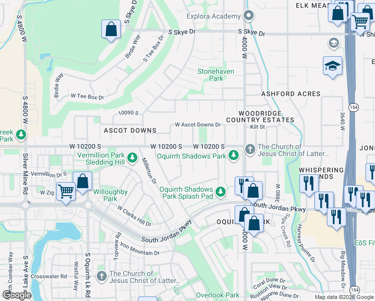map of restaurants, bars, coffee shops, grocery stores, and more near 4208 Chestnut View Drive in South Jordan