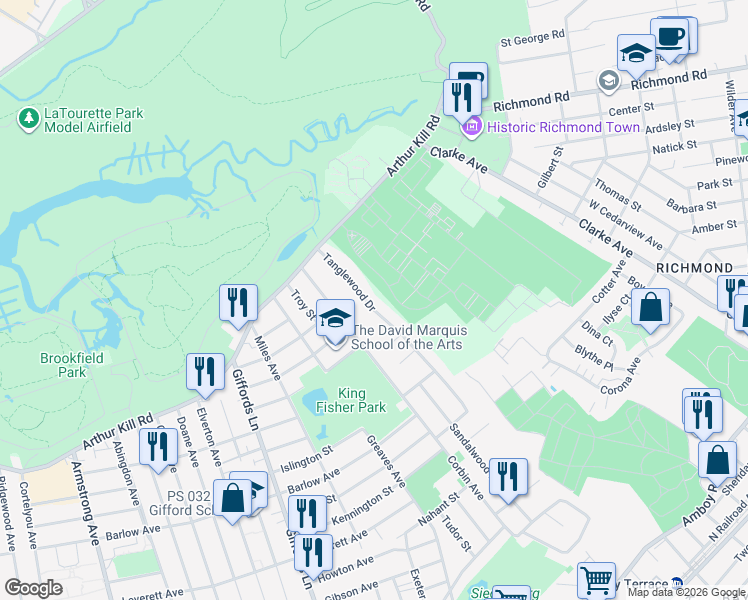 map of restaurants, bars, coffee shops, grocery stores, and more near 111 Tanglewood Drive in Staten Island