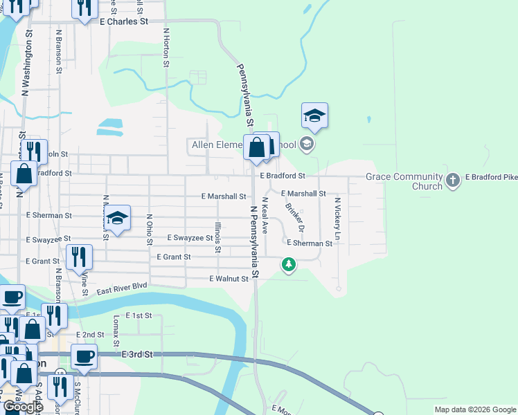 map of restaurants, bars, coffee shops, grocery stores, and more near 834 East Marshall Street in Marion