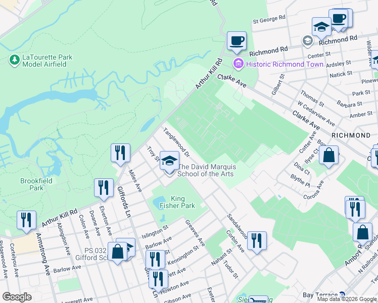 map of restaurants, bars, coffee shops, grocery stores, and more near 111 Tanglewood Drive in Staten Island