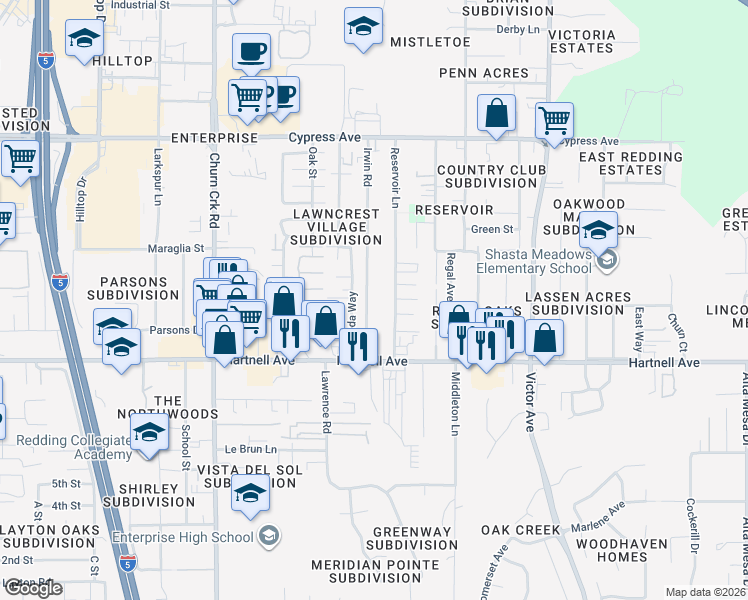map of restaurants, bars, coffee shops, grocery stores, and more near 2851 Irwin Road in Redding
