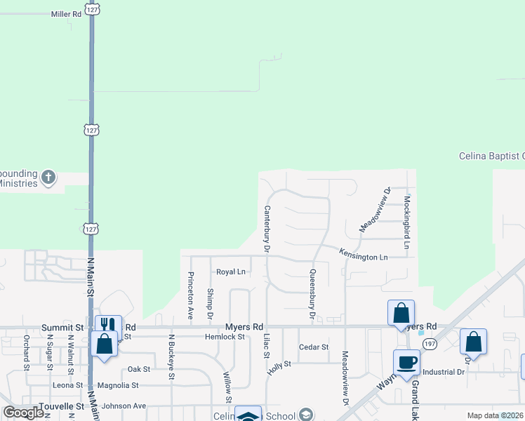 map of restaurants, bars, coffee shops, grocery stores, and more near 1214 Canterbury Drive in Celina