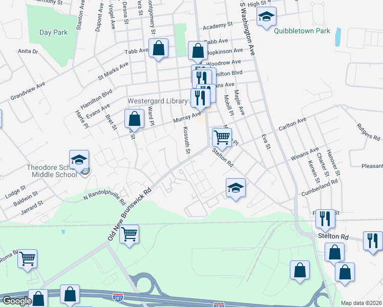 map of restaurants, bars, coffee shops, grocery stores, and more near 273 Tanglewood Drive in Piscataway