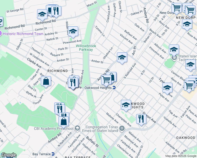 map of restaurants, bars, coffee shops, grocery stores, and more near Amboy Road & Cedarview Avenue in Staten Island