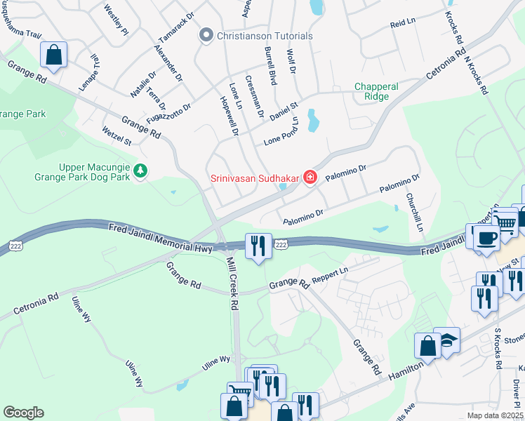 map of restaurants, bars, coffee shops, grocery stores, and more near 6223 Shetland Court in Allentown