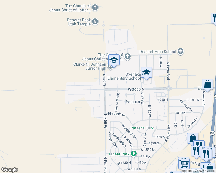 map of restaurants, bars, coffee shops, grocery stores, and more near 377 West 2030 North in Tooele
