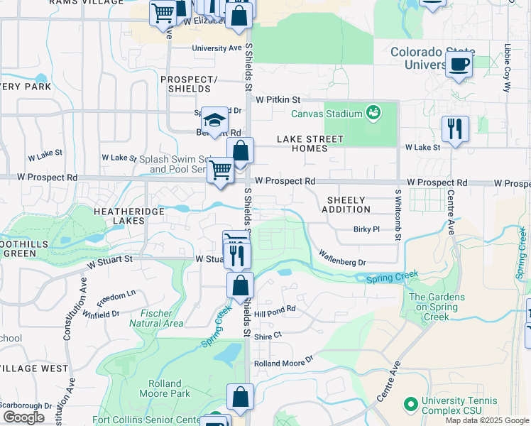 map of restaurants, bars, coffee shops, grocery stores, and more near 1050 Hobbit Street in Fort Collins