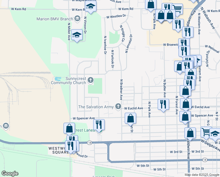 map of restaurants, bars, coffee shops, grocery stores, and more near 1825 West Bradford Street in Marion