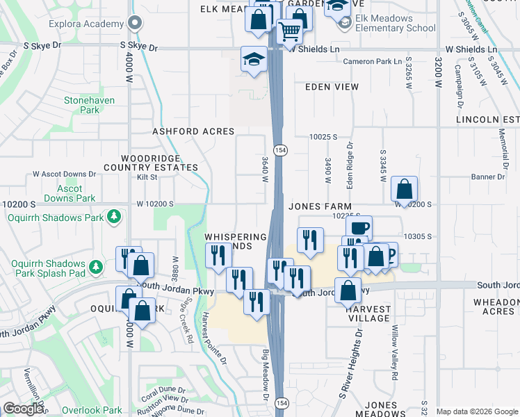 map of restaurants, bars, coffee shops, grocery stores, and more near 10187 South 3640 West in South Jordan
