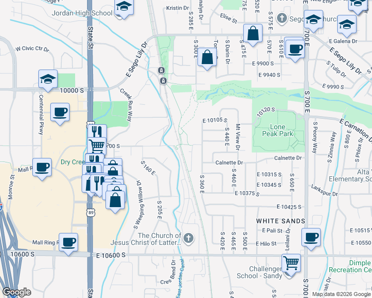 map of restaurants, bars, coffee shops, grocery stores, and more near 10218 South Sandy Willows Cove in Sandy