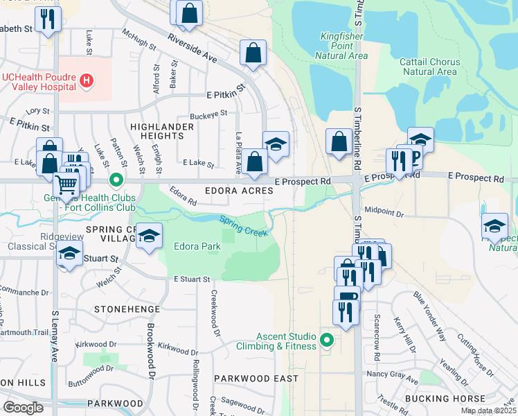 map of restaurants, bars, coffee shops, grocery stores, and more near 1685 Riverside Avenue in Fort Collins