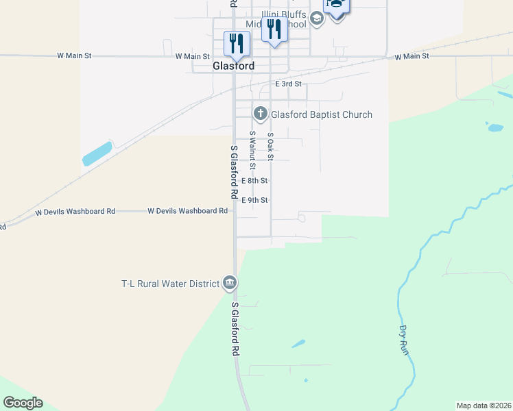 map of restaurants, bars, coffee shops, grocery stores, and more near 201 East 9th Street in Glasford