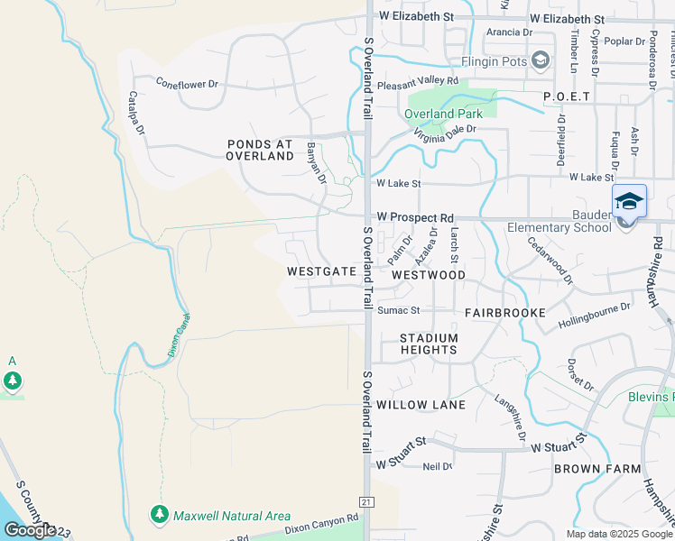 map of restaurants, bars, coffee shops, grocery stores, and more near 1718 Banyan Drive in Fort Collins