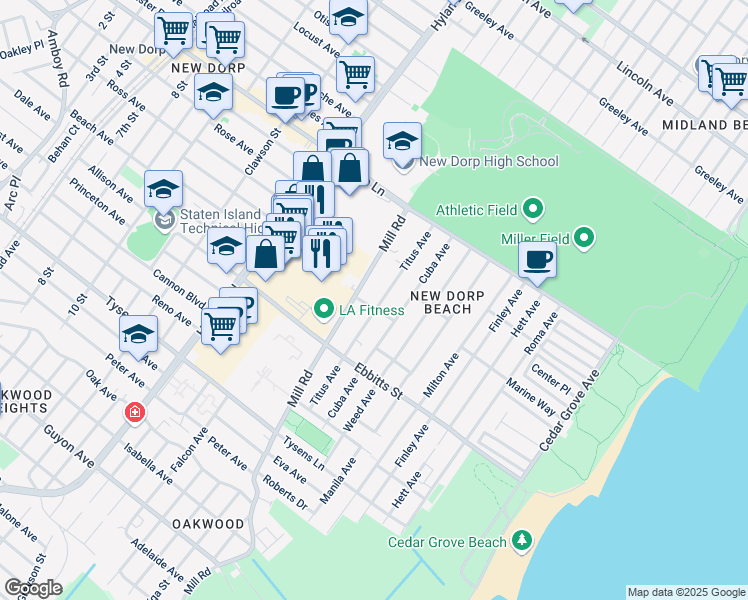 map of restaurants, bars, coffee shops, grocery stores, and more near 99 Titus Avenue in Staten Island