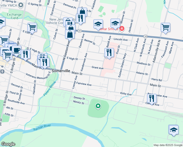 map of restaurants, bars, coffee shops, grocery stores, and more near 319 East Main Street in Somerville