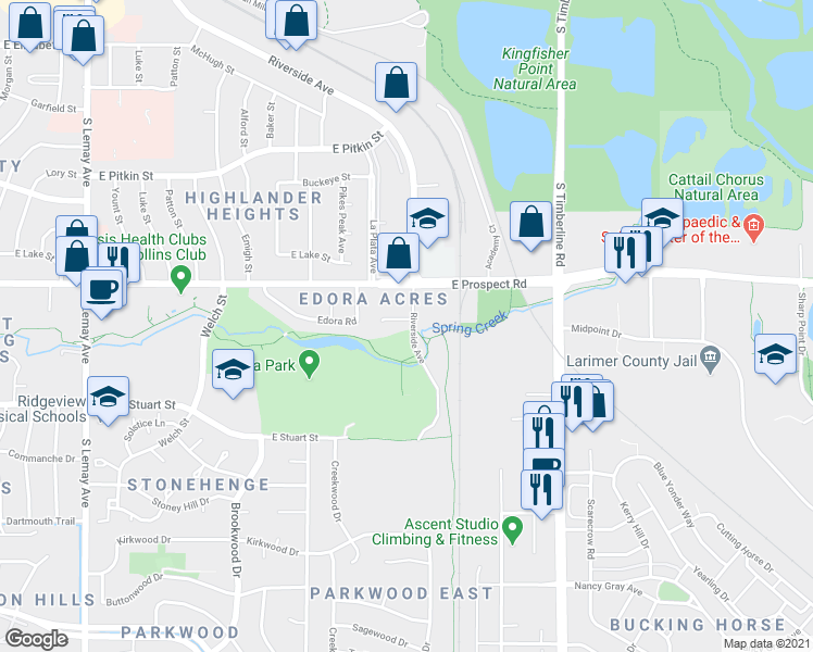 map of restaurants, bars, coffee shops, grocery stores, and more near 1685 Riverside Avenue in Fort Collins