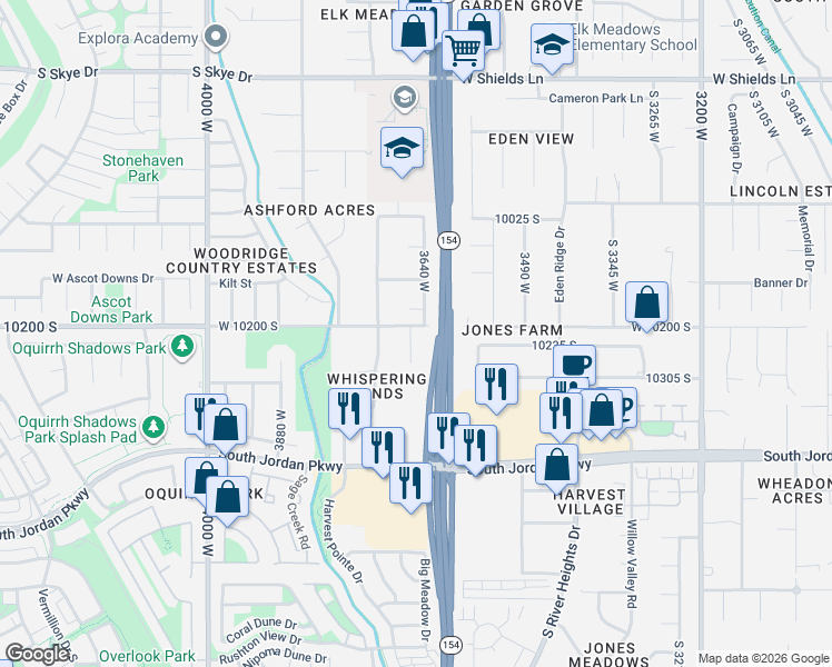 map of restaurants, bars, coffee shops, grocery stores, and more near 10187 South 3640 West in South Jordan