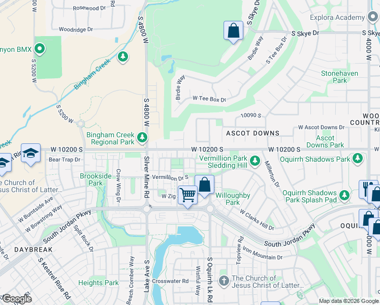 map of restaurants, bars, coffee shops, grocery stores, and more near 10187 Glenmoor View Lane in South Jordan
