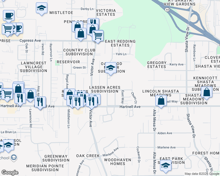 map of restaurants, bars, coffee shops, grocery stores, and more near 2855 Yana Avenue in Redding