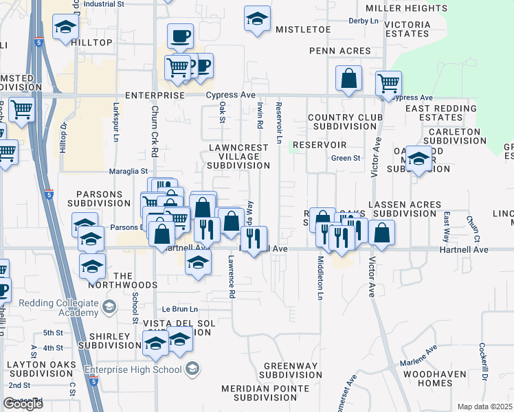map of restaurants, bars, coffee shops, grocery stores, and more near 2851 Irwin Road in Redding