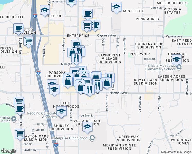 map of restaurants, bars, coffee shops, grocery stores, and more near 237 Arcade Way in Redding