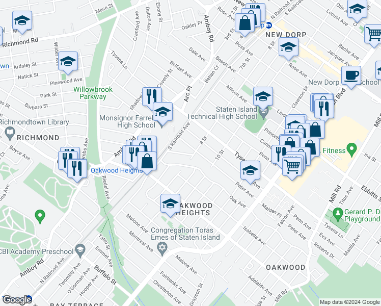 map of restaurants, bars, coffee shops, grocery stores, and more near 344 8 Street in Staten Island