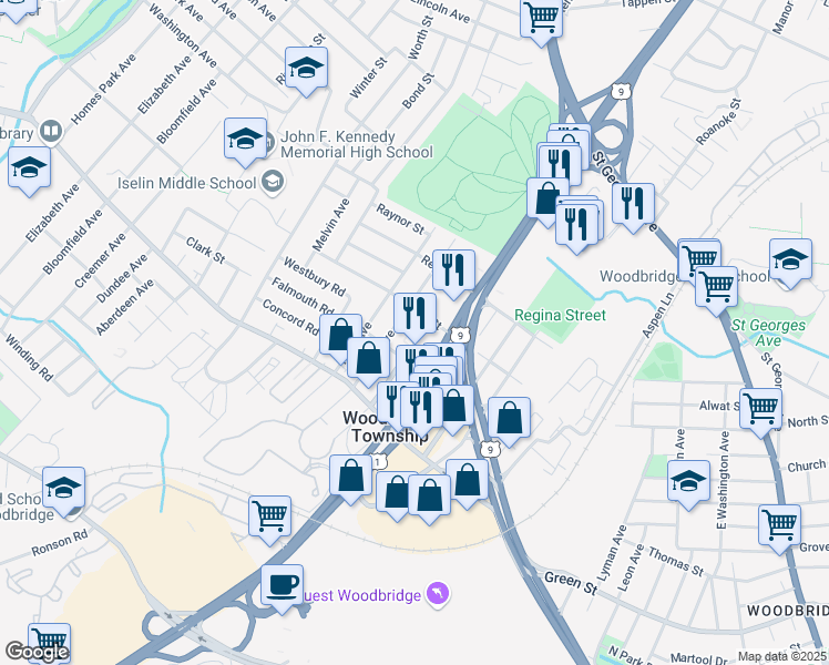 map of restaurants, bars, coffee shops, grocery stores, and more near 914 Montague Avenue in Woodbridge Township