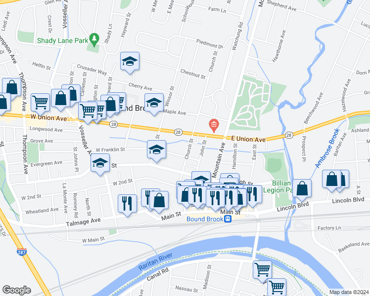 map of restaurants, bars, coffee shops, grocery stores, and more near 322 Church Street in Bound Brook